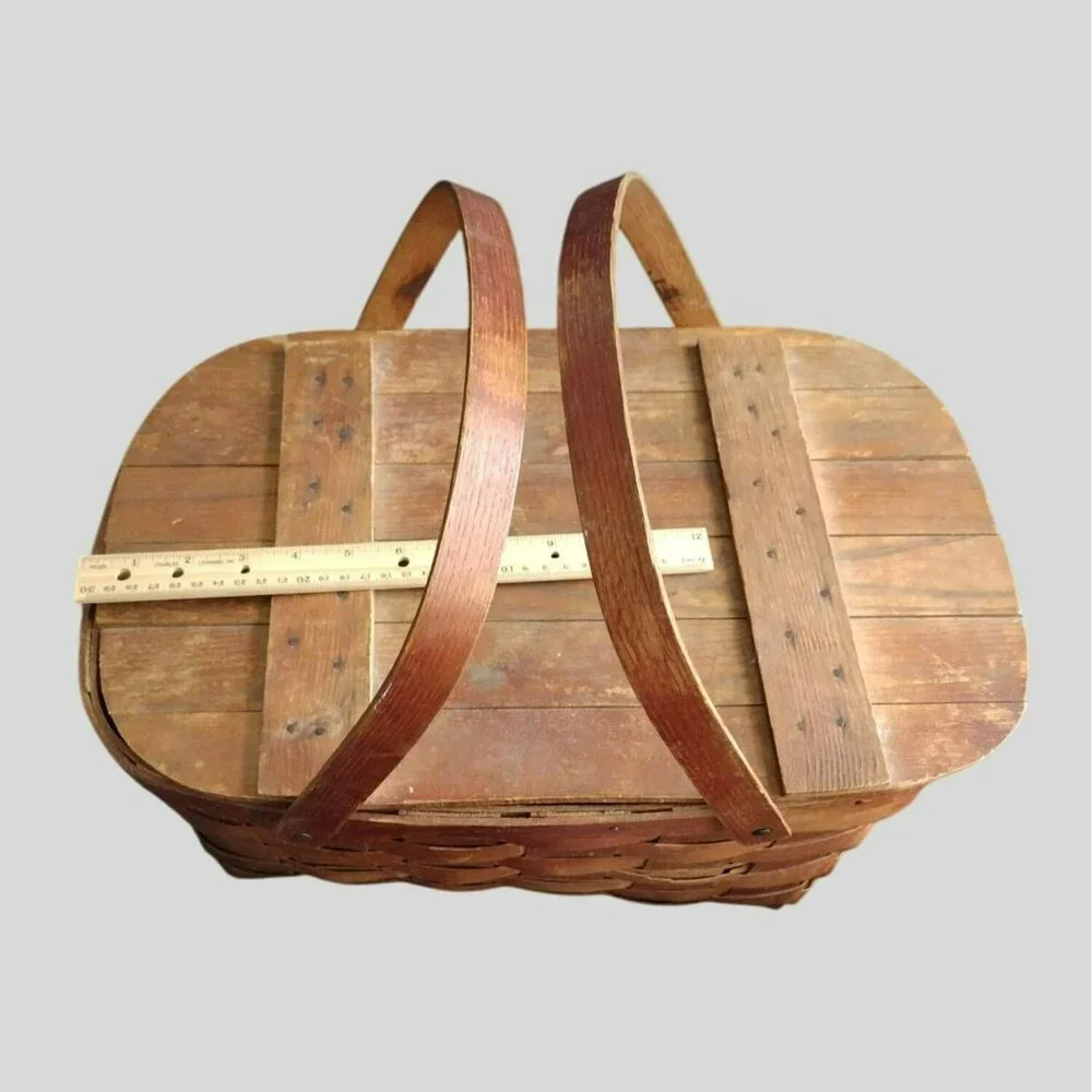 Vintage Picnic Basket Wov-N-Wood by Jerywil, 1940s Wooden Handles Hinged Lid